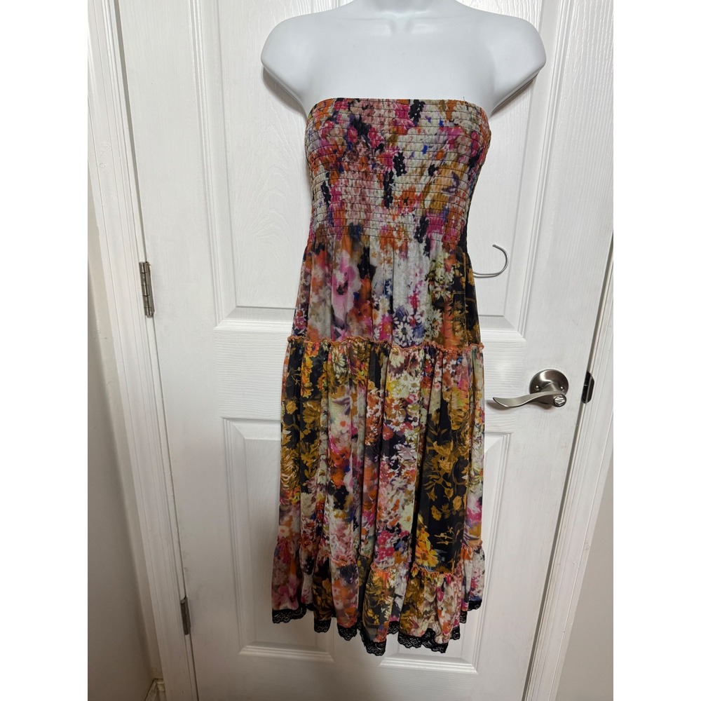 Lapis Floral Smocked Strapless Midi Dress Tiered Lace Trim Mesh Boho L
